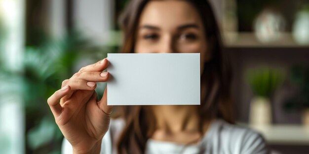 Foto una giovane donna hipster che tiene in mano un cartellino da visita bianco e sorride