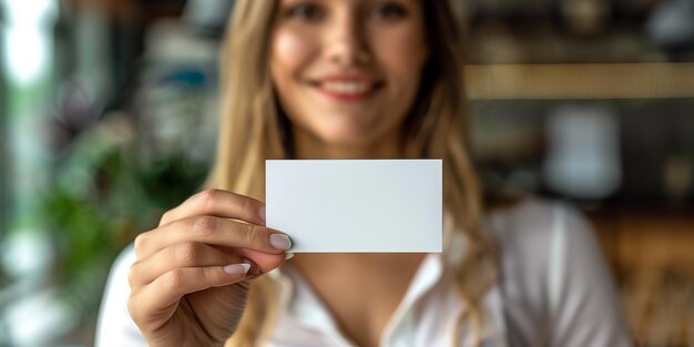 Foto una giovane donna hipster che tiene in mano un cartellino da visita bianco e sorride