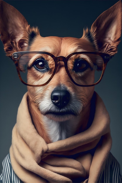 Hipsterhond die kleren en glazen draagt. Hond portret. generatieve ai