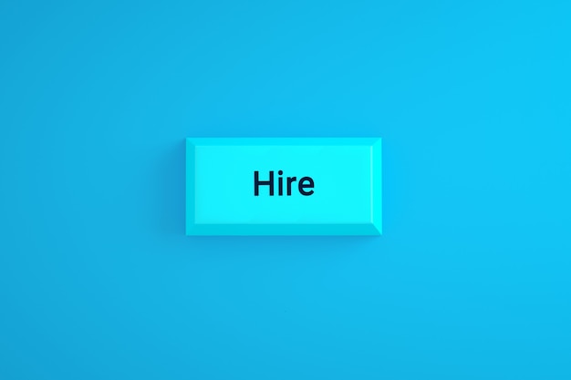 Hire button over blue background, 3d rendering