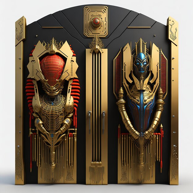 Photo hires scifi fantasy space concept door metal gold with shield and hydraulic system