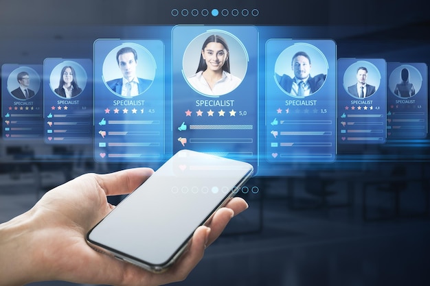 Hiring employee and human resources concept with modern smartphone projected virtual personal cards for online specialists and professional marketplace