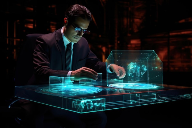 At his desk a businessman engages with holographic interfaces showcasing the transformative potential of new technologies in shaping the future labor environment
