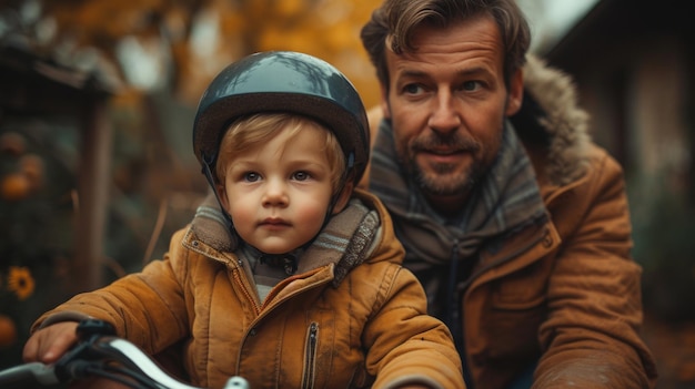 自宅の庭で自慢の父親が安全のためにヘルメットをかぶって息子に自転車に乗る方法を教えています 積極的で支持的な父親は子供が野外で自転車を乗ることを奨励しています