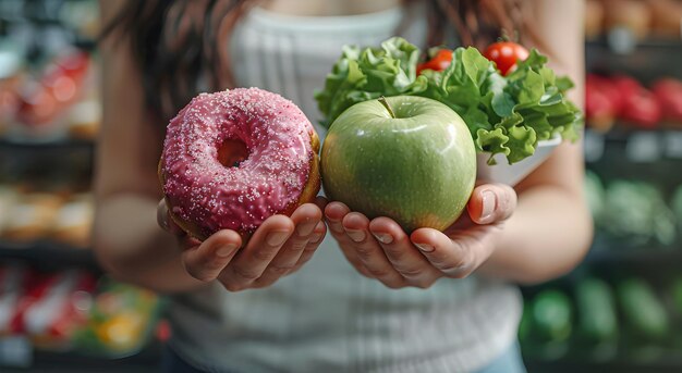 In his hand is an apple and a donut