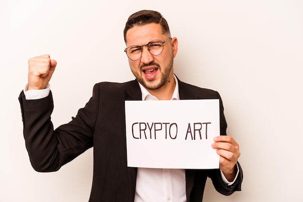 Hispanic business man holding a crypto art placard isolated on white background