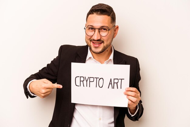 Hispanic business man holding a crypto art placard isolated on white background