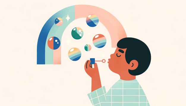 Photo hispanic child blowing soap bubbles in a minimalistic flat design illustration ai generated