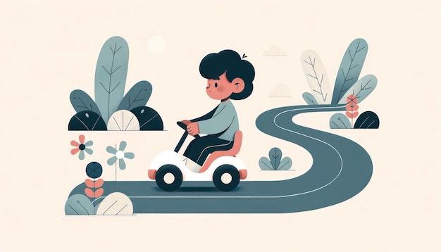 AI が生成した曲がりくねった道でおもちゃの電気自動車を運転するヒスパニック系の子供