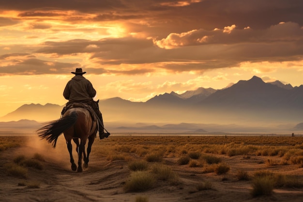 Hispanic Cowboy's Horseback-avontuur bij zonsondergang