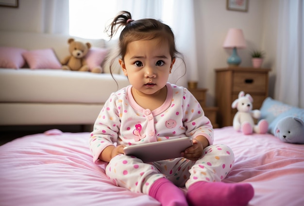 히스패닉 인 Gen Alpha 아기 소녀는 그녀의 방에서 손으로 디지털 장치를 탐구합니다.