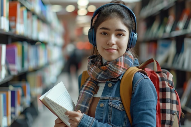 Foto hispanic generatie z student meisje studeren in de openbare bibliotheek