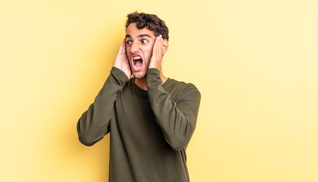 Hispanic handsome man feeling happy, excited and surprised