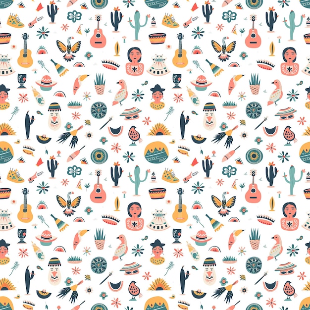 Hispanic heritage icons seamless pattern Gift wrapping background National Hispanic Heritage Month