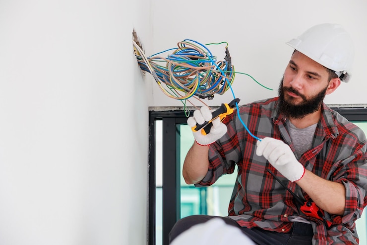 Photo hispanic male electrician engineer installer with a tool in his hands maintenance service repair and handyman concept