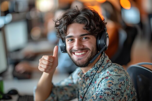 Hispanic male online support agent with headset showing thumb up at call center