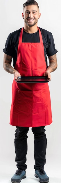 Photo a hispanic male with a black shirt and red apron holding an empty tray on a white background