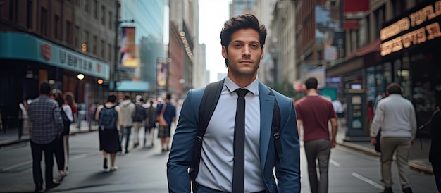 A Hispanic man in formal attire and backpack crossing urban street with available area for text