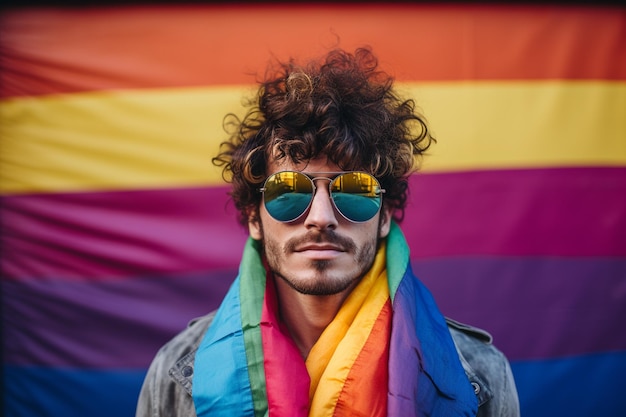 Hispanic man wearing make up and long hair wrapped in rainbow lgbtq flag winking looking at the camera with sexy expression cheerful and happy face