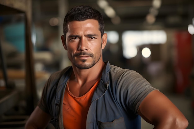 Hispanic man in work force Hard worker tough guy with serious face