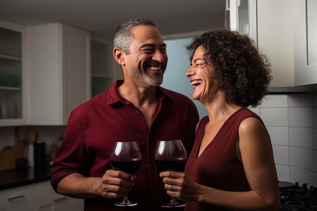 Foto coppia di spagnoli sposati di mezza età che bevono vino in cucina.