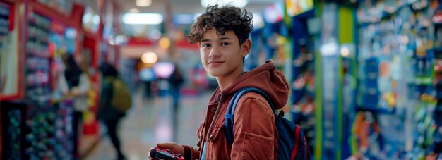 Photo hispanic student gamer with backpack immersed in video game at university campus