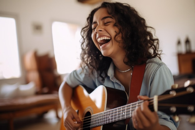 hispanic teenager playing guitar