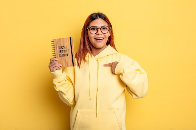 Hispanic woman feeling happy and pointing to self with an excited recycle concept