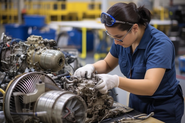 航空機のエンジンを修理しているヒスパニック系女性