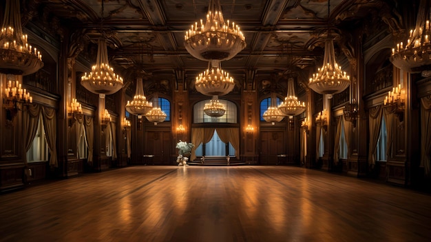 Historic ballroom with ornate chandeliers and unfilled dance floor