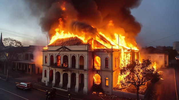 The historic building is engulfed in flamesGenerative AI
