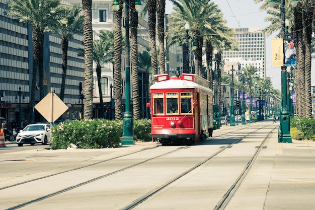 Historic cable cars run in dowtown new orleans louisiana on 10-08-2022