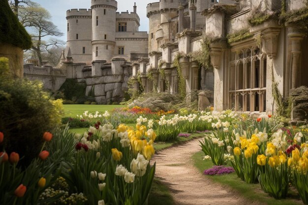 Photo historic castle grounds adorned with freesias natural freesias flowers in spring time