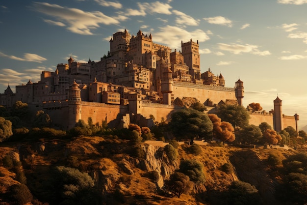 사진 언덕 위에 자리 잡은 유서 깊은 성은 황금시간대의 따뜻한 빛으로 아름다움을 더욱 돋보이게 합니다.