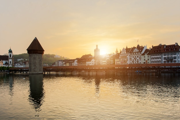 Historic city center of Lucerne with famous Chapel Bridge in Canton of Lucerne, Switzerland