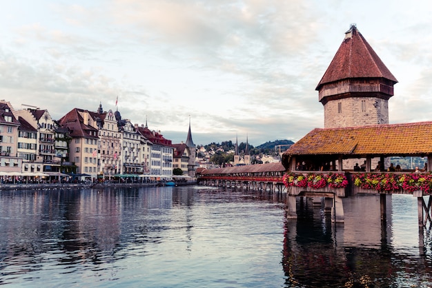 Historic city center of Lucerne with famous Chapel Bridge in Switzerland.