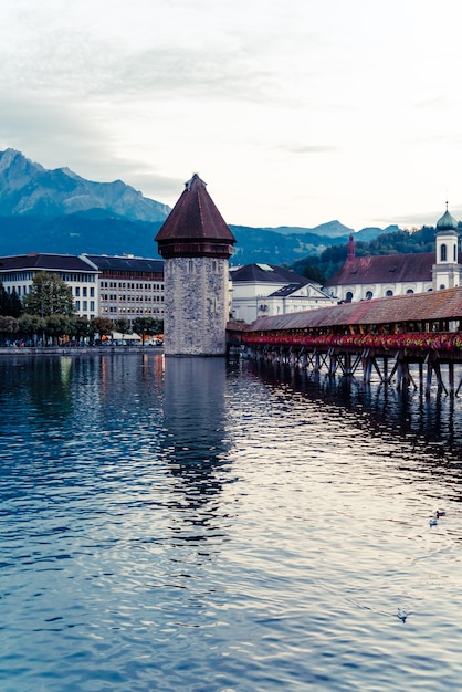 Historic city center of Lucerne with famous Chapel Bridge in Switzerland