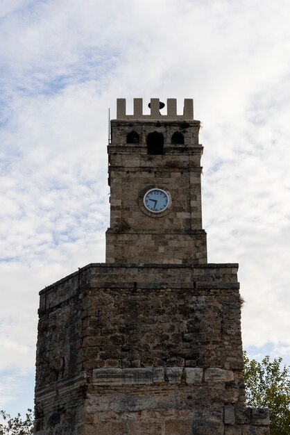 A historic clock tower and sky background