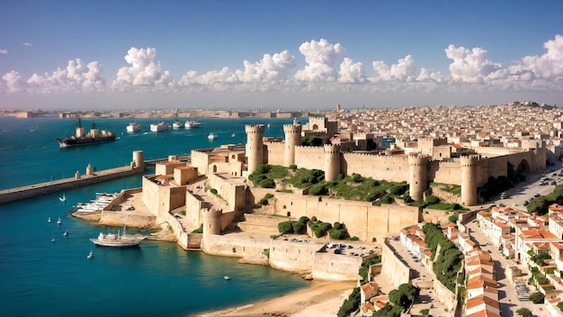 Исторический прибрежный город с замками и стенами, защищающими его