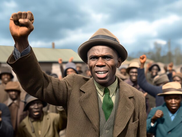 Historic colored photo of a man leading a protest