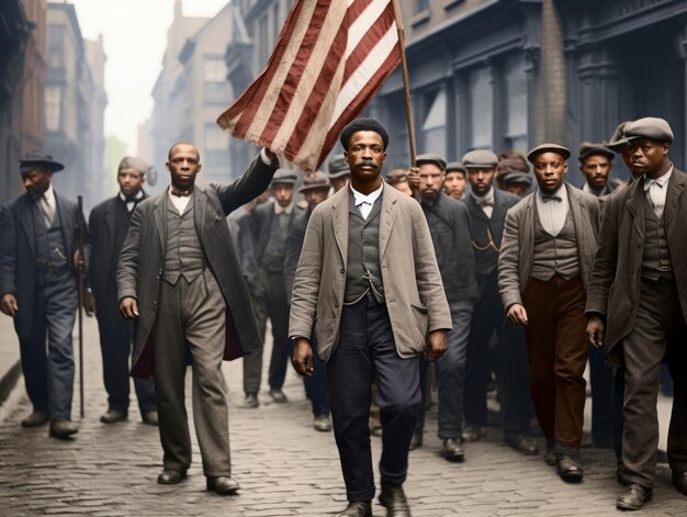 Historic colored photo of a man leading a protest