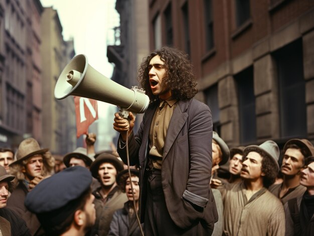 Фото Историческое цветное фото человека, возглавляющего акцию протеста.