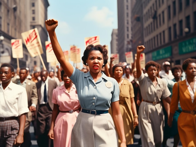 写真 抗議活動を主導する女性の歴史的なカラー写真