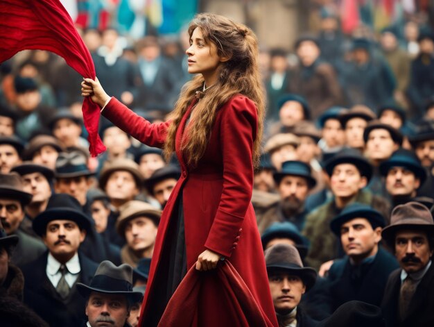 Historic colored photo of a woman leading a protest