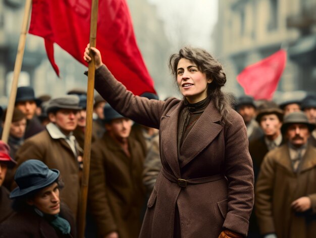 Foto storica foto a colori di una donna che guida una protesta