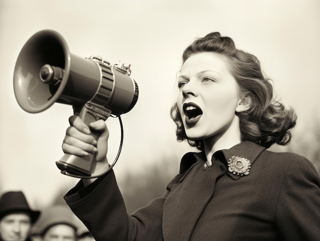 Foto storica foto a colori di una donna che guida una protesta