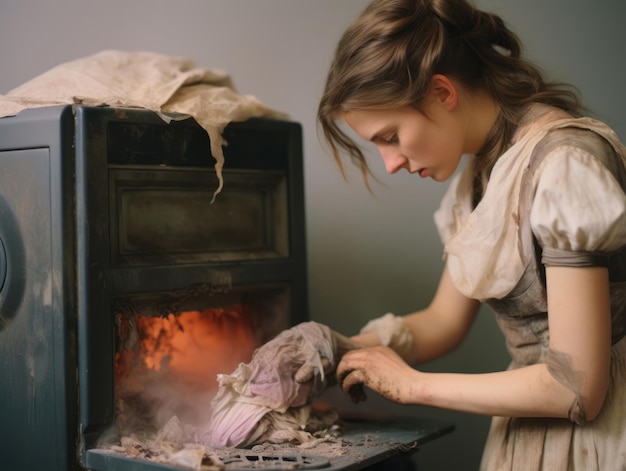 Foto storica foto a colori del lavoro quotidiano di una donna nel passato