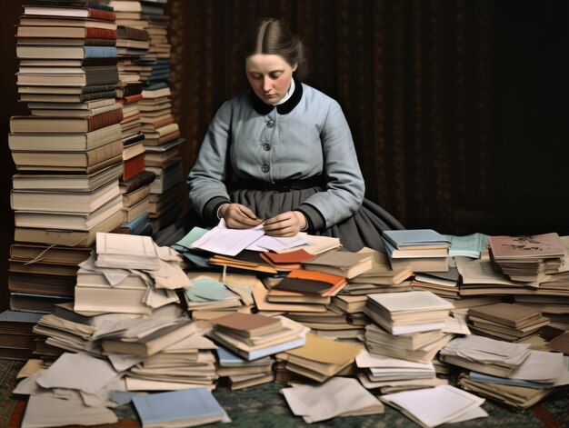 Historic colored photo of a womans daily work in the past