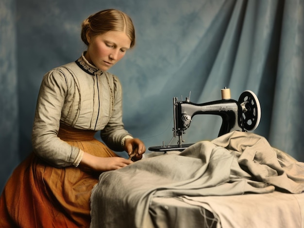 Photo historic colored photo of a womans daily work in the past