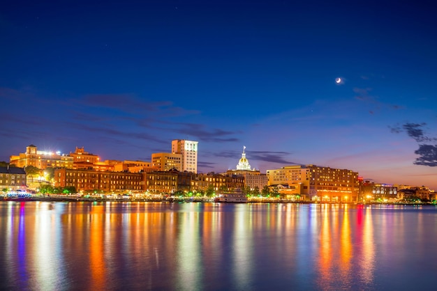 Historic District waterfront of Savannah Georgia USA at twilight